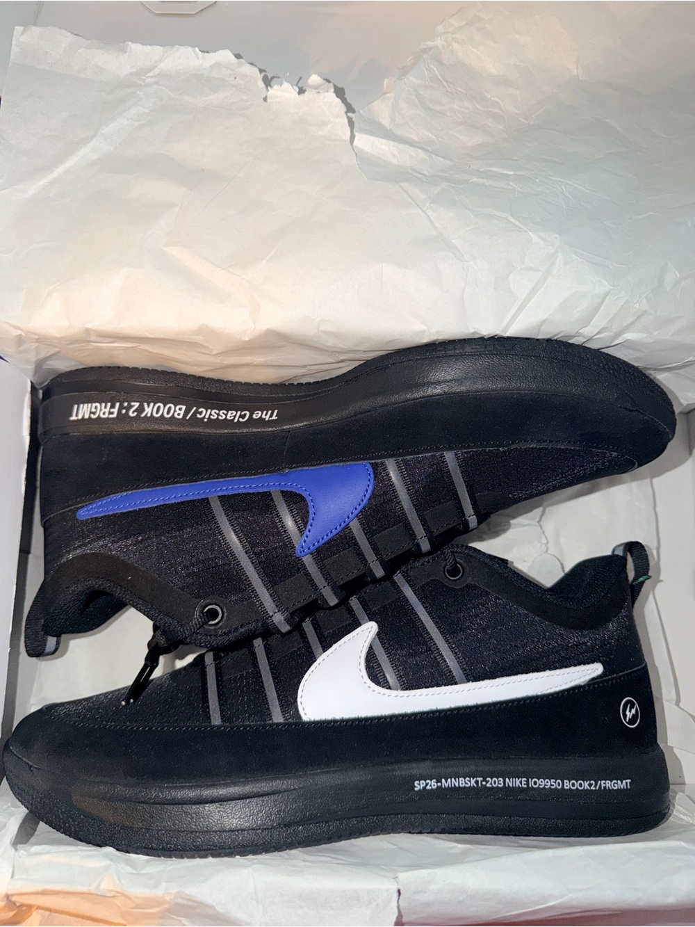 Nike Book 2 Fragments Black Low-Top Sneakers with White and Blue Swooshes (Pair)